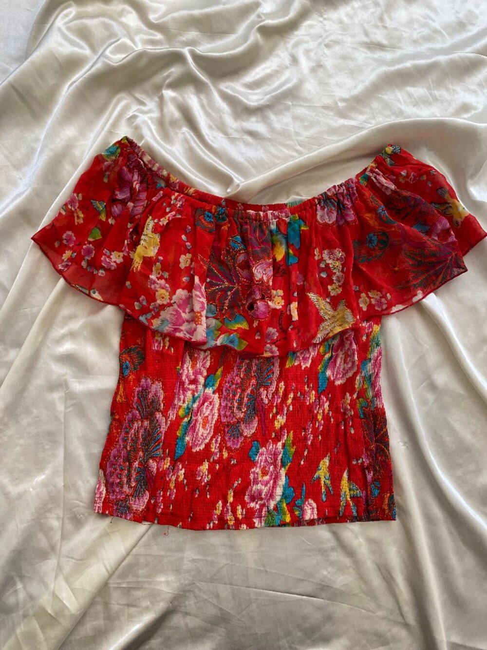 Vintage y2k Rene Derhy Red Floral Bird Printed Sequin Off Shoulder Top Boho M